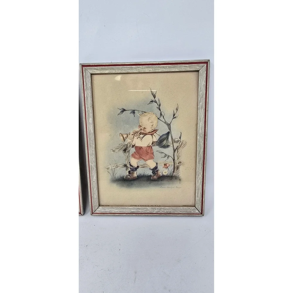 Vtg 1940's Marion Bradford framed pictures wall plaque nursery decor set of 2